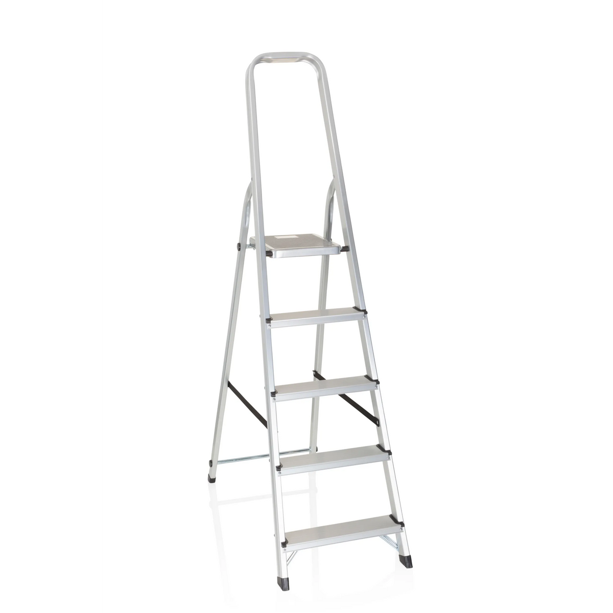 Silberne Klappleiter SOLID III aus Aluminium mit fünf Stufen und Handgriff von hjh OFFICE – 360-Grad-Ansicht (Frontansicht 20°)