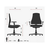 Technische Zeichnung des Drehstuhls ZERO 70 XXL L mit einer maximalen Belastbarkeit von 200 kg von Sitwell Steifensand