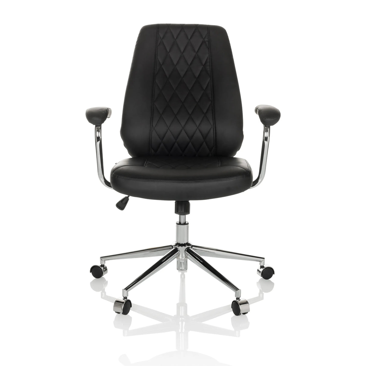 Schwarzer Home-Office-Chefsessel THEO I mit gesteppter Rückenlehne und Fußkreuz mit fünf Rollen von hjh OFFICE – 360-Grad-Ansicht (Frontansicht 0°)