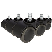 Fünf schwarze Stuhlrollen 5x ROLO 10mm/50mm für Hartböden mit silberfarbenen Bolzen von hjh OFFICE