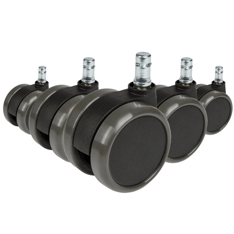 Fünf schwarze Stuhlrollen 5x ROLO 11mm/65mm für Hartböden mit silberfarbenen Bolzen von hjh OFFICE