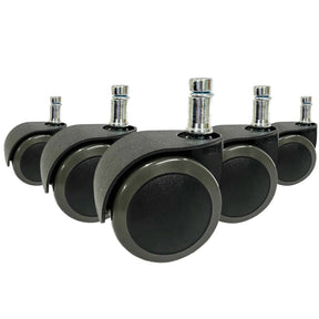 Fünf schwarze Stuhlrollen 5x ROLO EASY 10mm/50mm für Hartböden mit silberfarbenen Metallstiften von hjh OFFICE