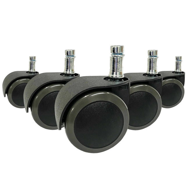 Fünf schwarze Stuhlrollen 5x ROLO EASY 10mm/50mm für Hartböden mit silberfarbenen Metallstiften von hjh OFFICE