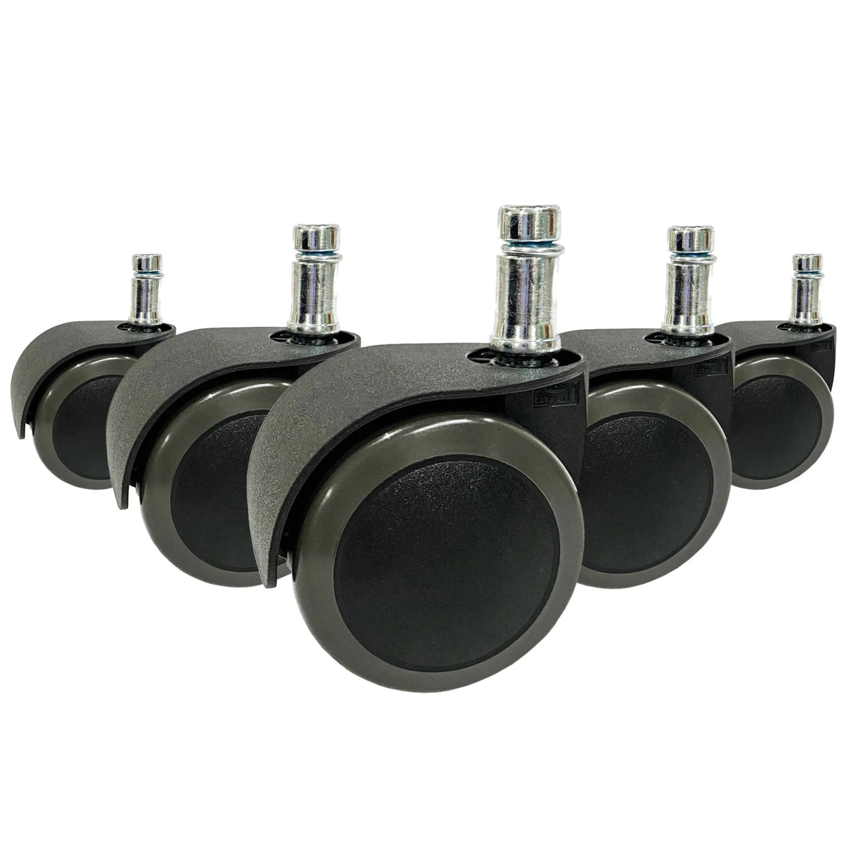 Fünf schwarze Stuhlrollen 5x ROLO EASY 11mm/50mm für Hartböden mit metallenen Befestigungsstiften von hjh OFFICE