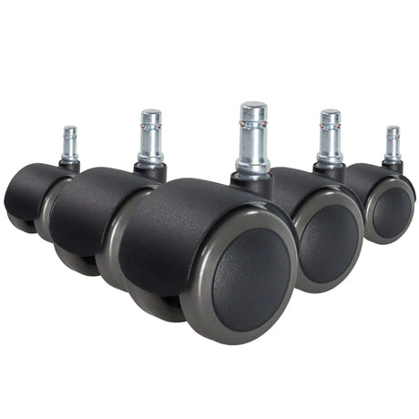Fünf schwarze Stuhlrollen 5x ROLO FIX 10mm/50mm für Hartböden mit silberfarbenen Metallstiften von hjh OFFICE