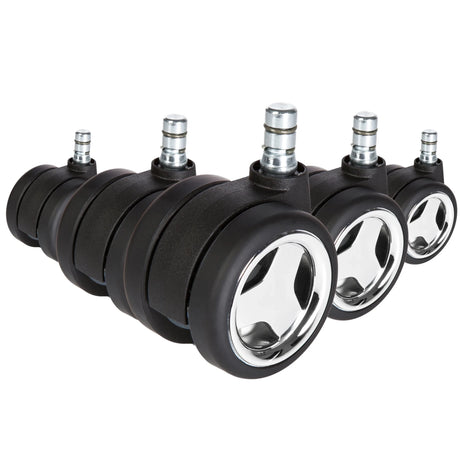 Fünf Stuhlrollen 5x ROLO GAME No-Noise 11mm/60mm in Schwarz und Chrom für Hartböden von hjh OFFICE