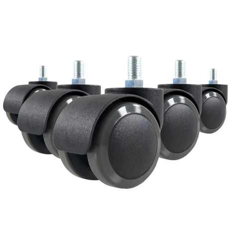 Fünf schwarze Stuhlrollen 5x ROLO M10/50mm für Hartböden mit silbernen Gewindebolzen von hjh OFFICE