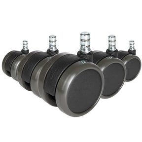 Fünf schwarze Stuhlrollen 5x ROLO No-Noise 11mm/65mm für Hartböden mit silberfarbenen Bolzen von hjh OFFICE