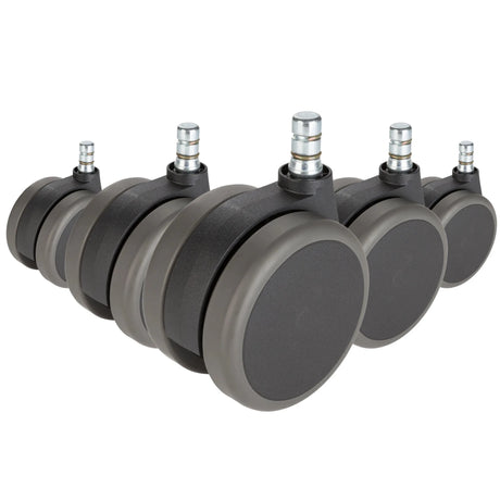 Fünf schwarze Stuhlrollen 5x ROLO No-Noise 11mm/75mm für Hartböden mit silbernen Metallstiften von hjh OFFICE