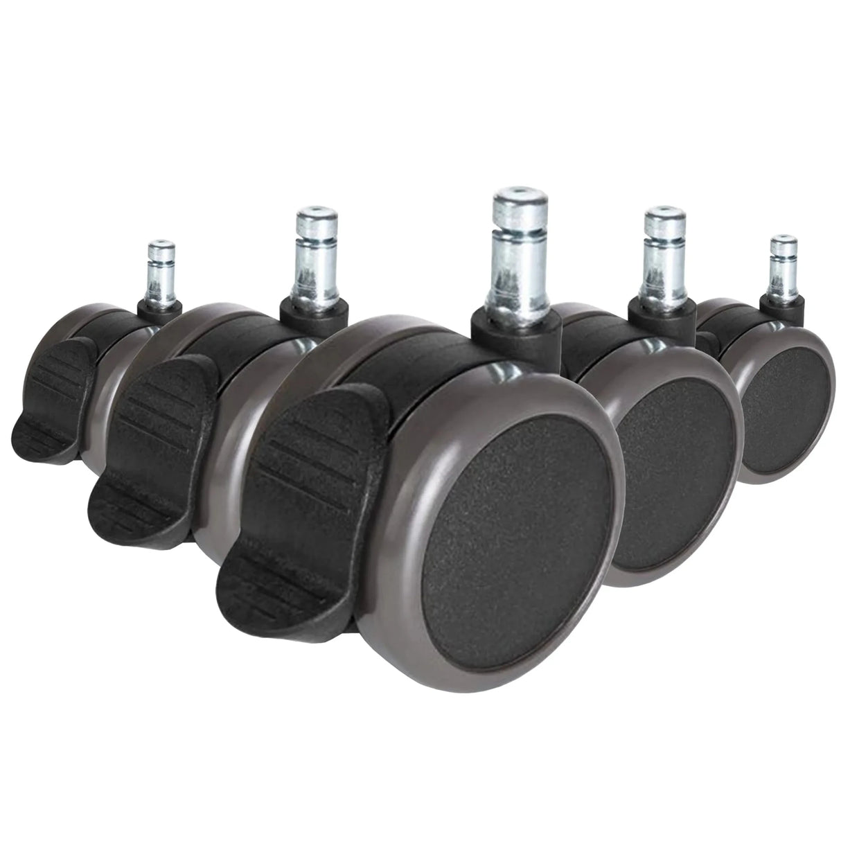Fünf schwarze Stuhlrollen 5x ROLO STOP 10mm/65mm für Hartböden mit silberfarbenen Bolzen von hjh OFFICE