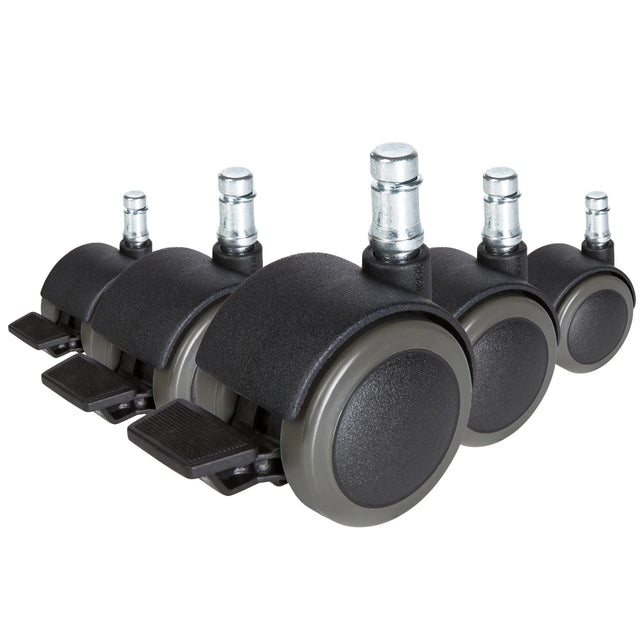 Fünf schwarze Stuhlrollen 5x ROLO STOP 11mm/50mm für Hartböden mit silbernen Metallstiften von hjh OFFICE