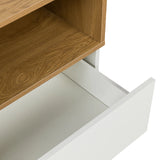 Offene Ablage und weißer Schubladenauszug des Sideboards MELMO S in Eiche und Weiß von hjh LIVING