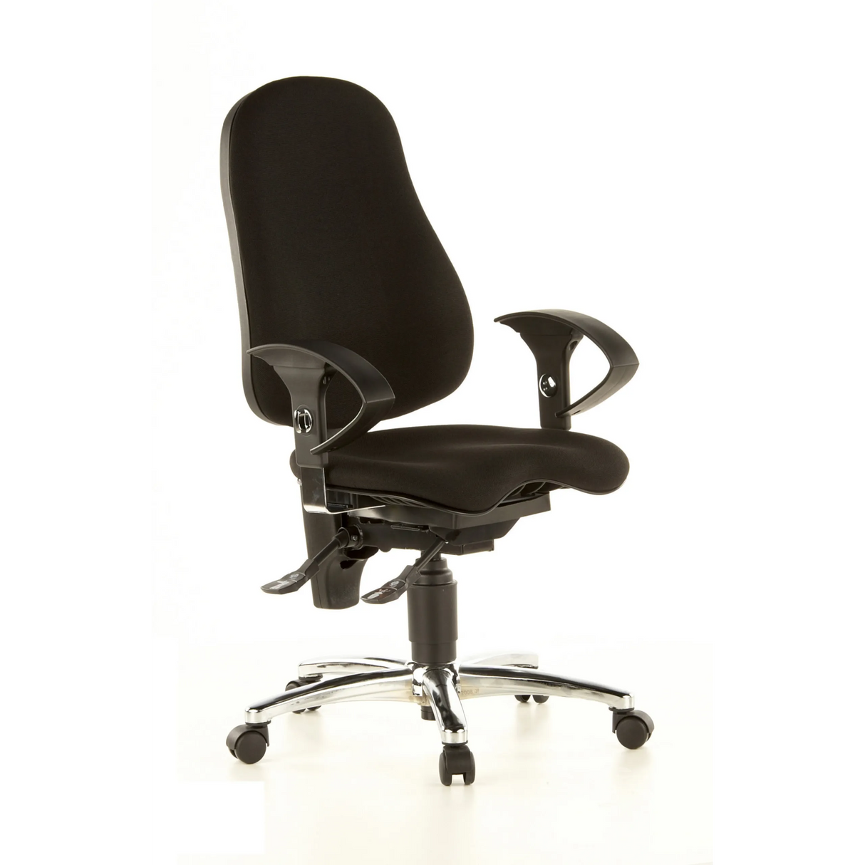 Schwarzer Profi-Bürostuhl SITNESS 10 mit Armlehnen und Fußkreuz mit fünf Rollen von Topstar – 360-Grad-Ansicht (schräge Frontansicht 40°)