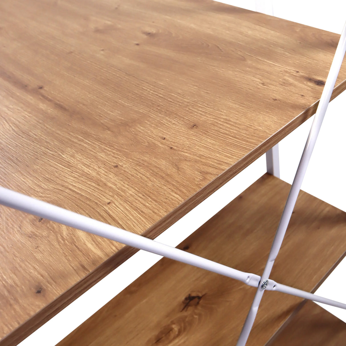 Holzoberfläche und weiße Metallstreben des Schreibtisches Easy Up3 in Eiche-Optik von hjh LIVING
