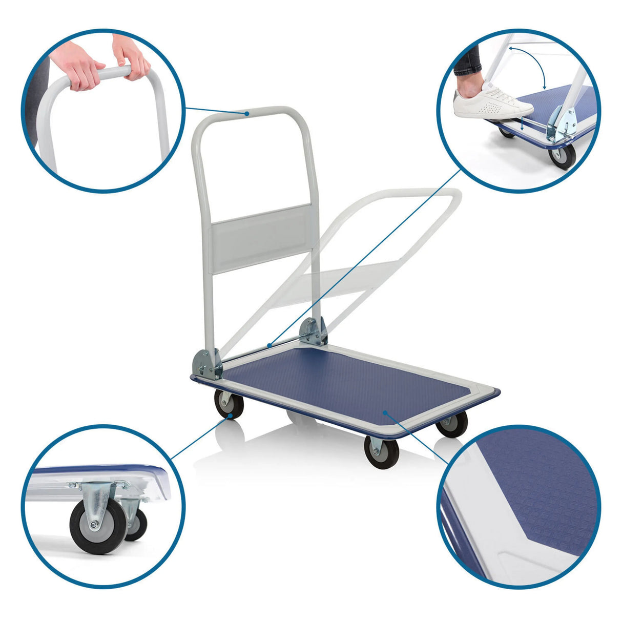 Blau-weißer Plattformwagen CARRY mit Detailansichten von Griff, Rollen und Ladefläche von hjh OFFICE
