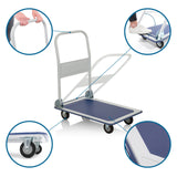 Blau-weißer Plattformwagen CARRY mit Detailansichten von Griff, Rollen und Ladefläche von hjh OFFICE