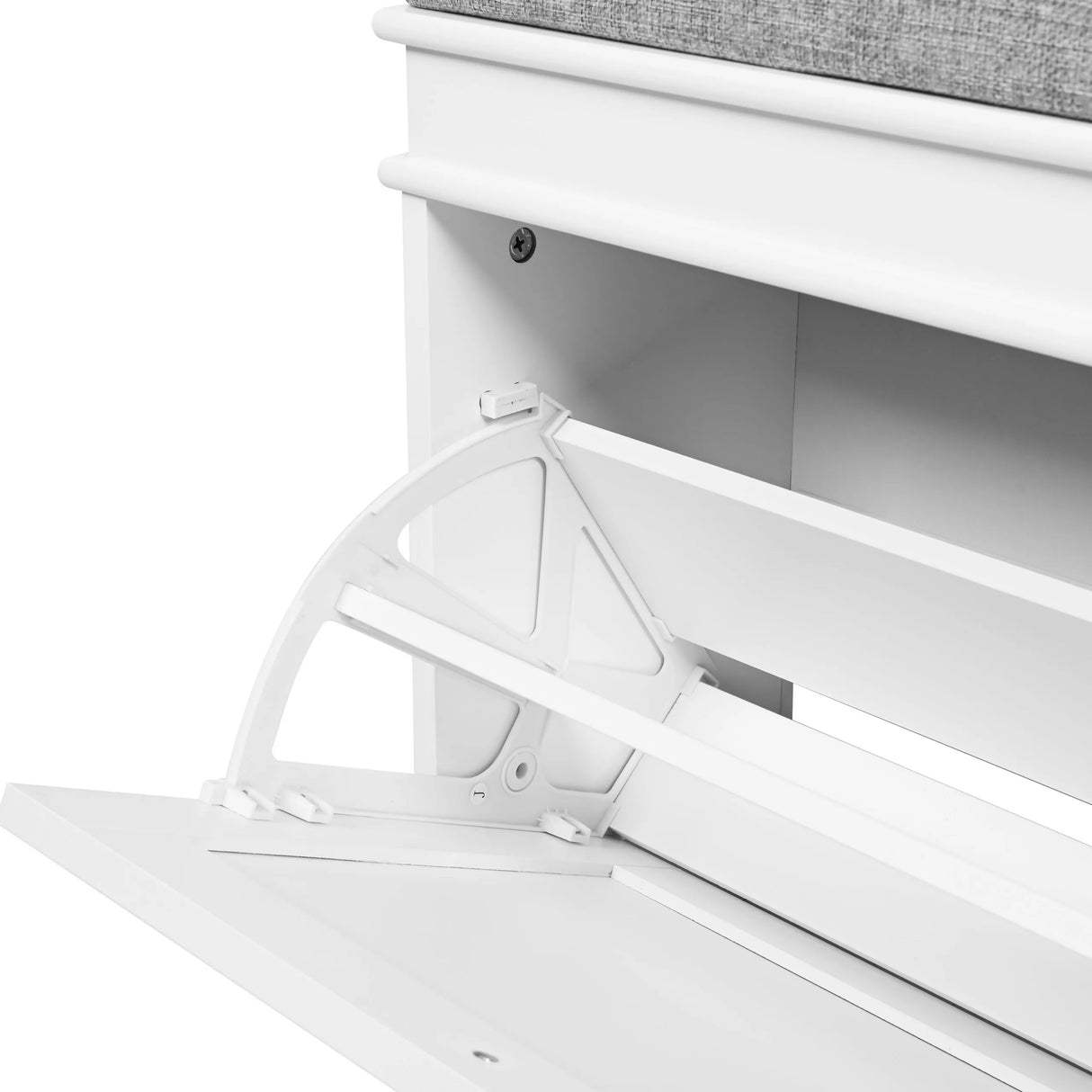 Weißer Klappmechanismus der Klappe eines Schuhschranks Estha 11 von hjh LIVING