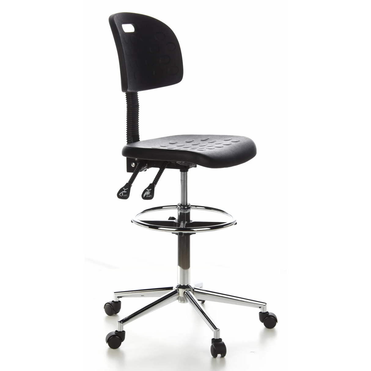 Schwarzer Counterstuhl TOP WORK 23 mit Fußring und Fußkreuz mit fünf Rollen von hjh OFFICE – 360-Grad-Ansicht (schräge Frontansicht 60°)