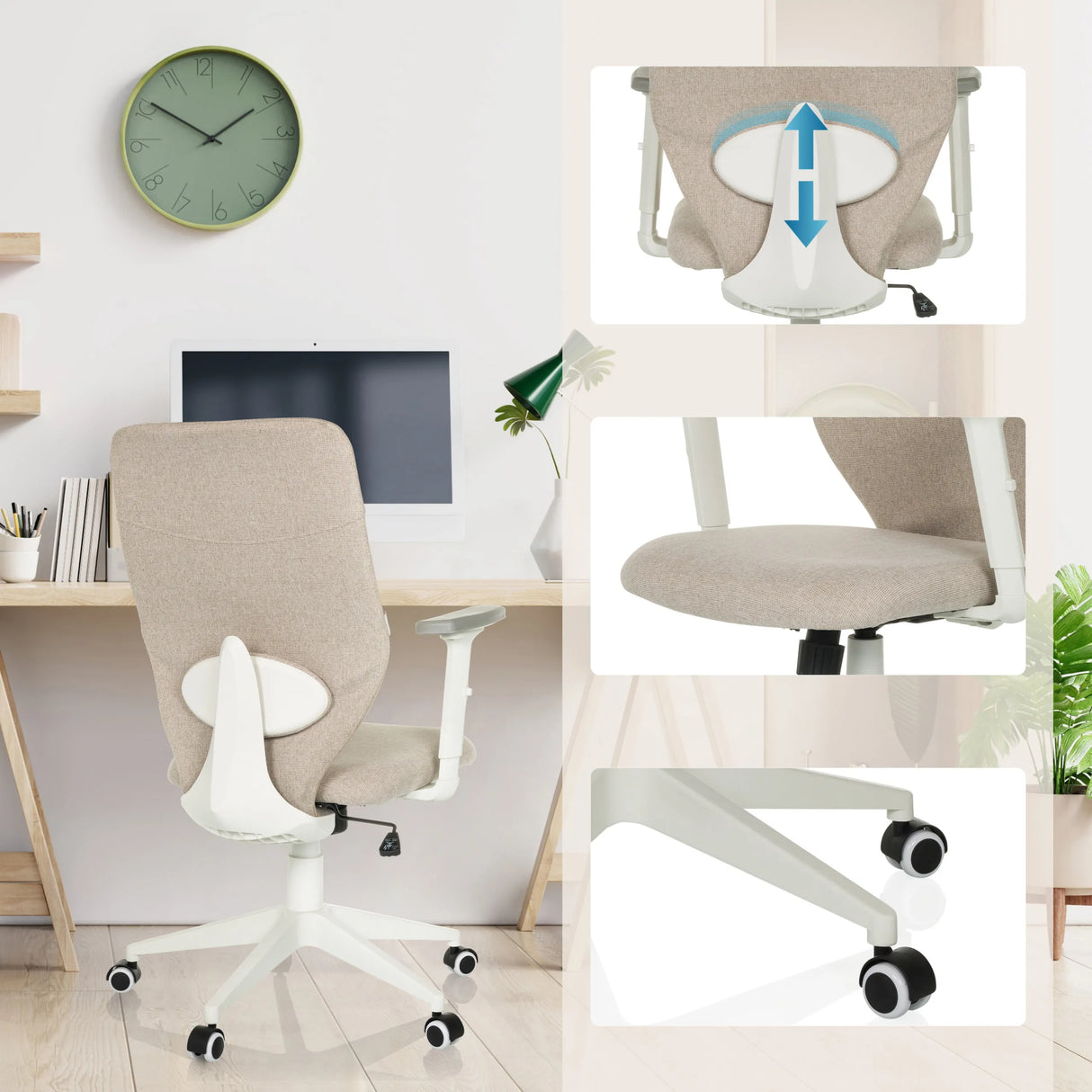 Beiger Homeoffice-Bürostuhl COSIO II mit Detailansichten von Sitzfläche, Rollen und Höhenverstellung von hjh OFFICE