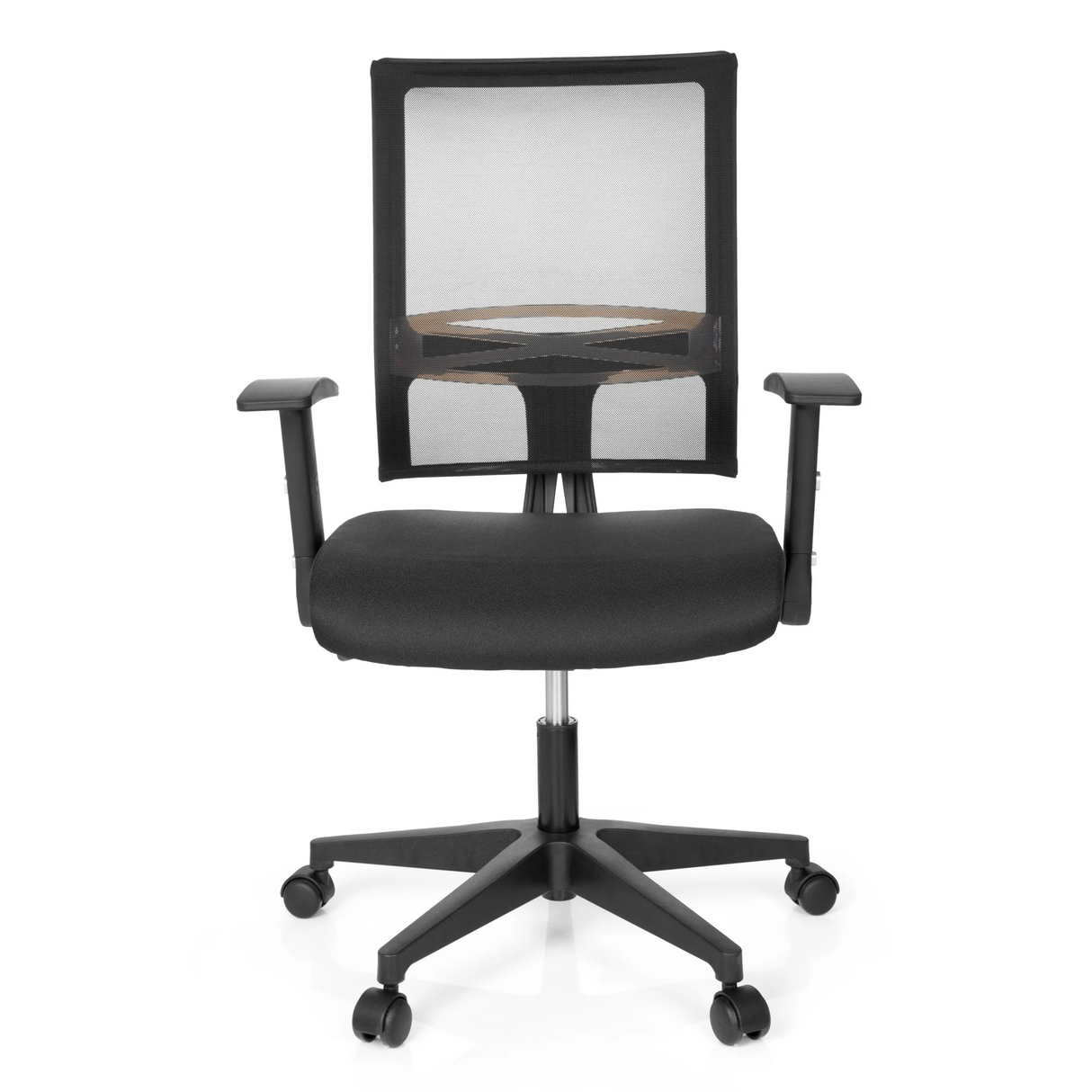 Schwarzer Homeoffice-Bürostuhl OFFICE R8 mit Netzrücken und Fußkreuz mit fünf Rollen von hjh OFFICE – 360-Grad-Ansicht (Frontansicht 0°)