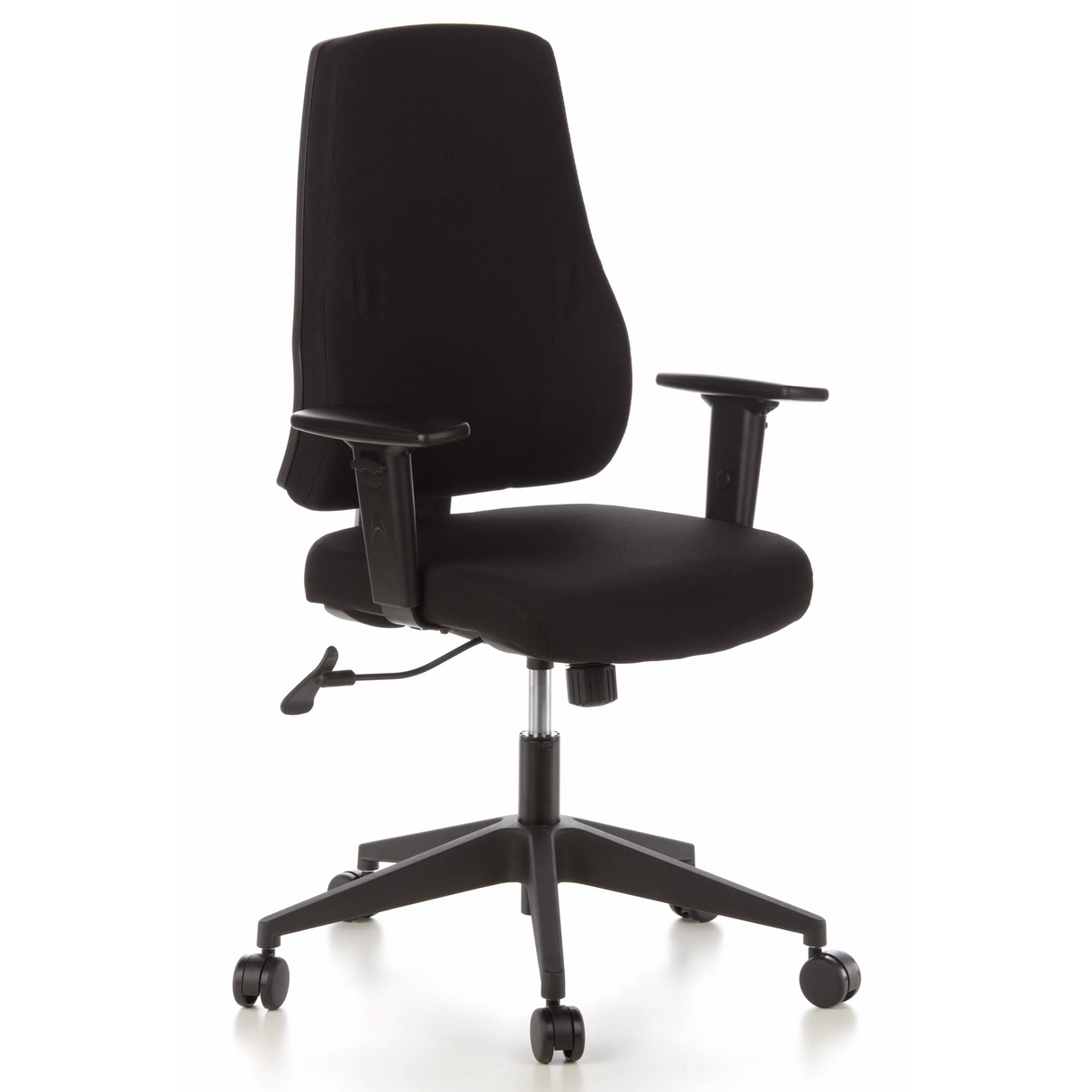 Schwarzer Profi-Bürostuhl PRO-TEC 100 mit Armlehnen und Fußkreuz mit fünf Rollen von hjh OFFICE – 360-Grad-Ansicht (schräge Frontansicht 40°)