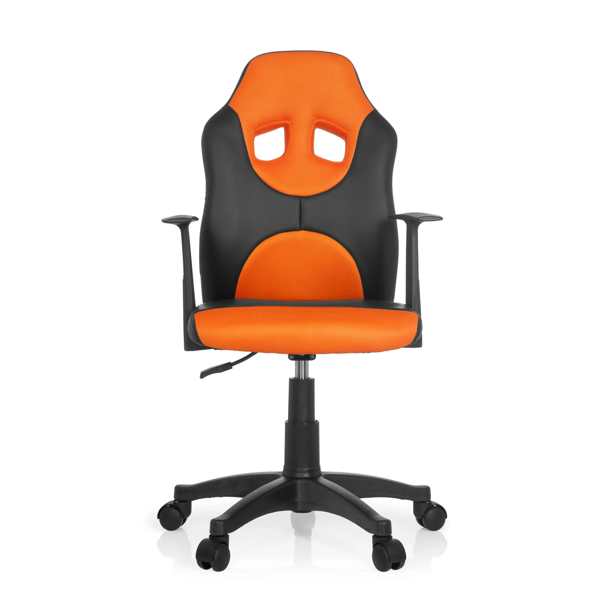 Schwarz-orangefarbener Kinderdrehstuhl KID GAME AL mit Netzrücken und Fußkreuz mit fünf Rollen von hjh OFFICE – 360-Grad-Ansicht (Frontansicht 0°)