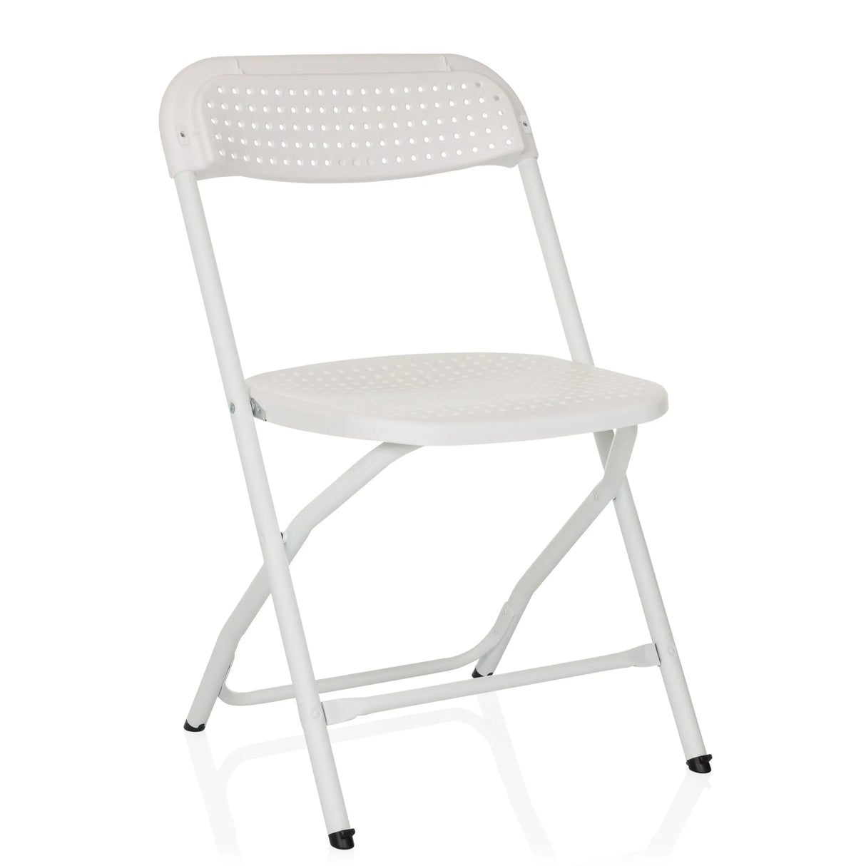 Weißer Outdoor-Stuhl TUDELA XXL PRO W mit perforierter Sitz- und Rückenfläche von hjh OFFICE – 360-Grad-Ansicht (schräge Frontansicht 30°)
