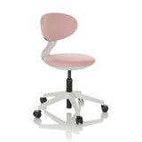 Rosa Kinderdrehstuhl MINIMOVO mit weißem Fußkreuz und fünf Rollen von hjh OFFICE – 360-Grad-Ansicht (schräge Frontansicht 45°)