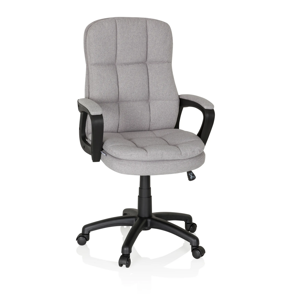 Grauer Home-Office-Chefsessel RELAX CX 120 mit gestepptem Bezug und Fußkreuz mit fünf Rollen von MyBuero – 360-Grad-Ansicht (Frontansicht 20°)