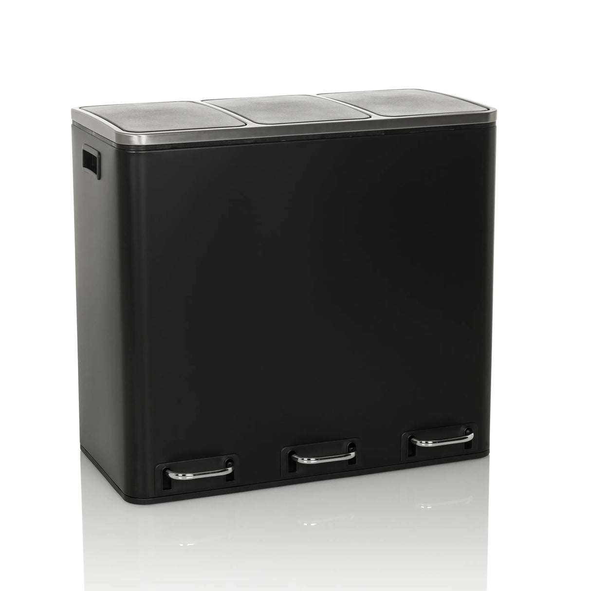 Schwarzer Mülleimer Clean 9 mit drei Fächern, silbernen Deckeln und Trittpedalen von hjh OFFICE – 360-Grad-Ansicht (Frontansicht 15°)