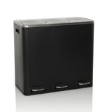 Schwarzer Mülleimer Clean 9 mit drei Fächern, silbernen Deckeln und Trittpedalen von hjh OFFICE – 360-Grad-Ansicht (Frontansicht 15°)