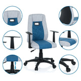 Kinderdrehstuhl KIDDY EXTRA in Grau-Blau mit Detailansichten von Armlehne, Gasfeder und Rollen von hjh OFFICE