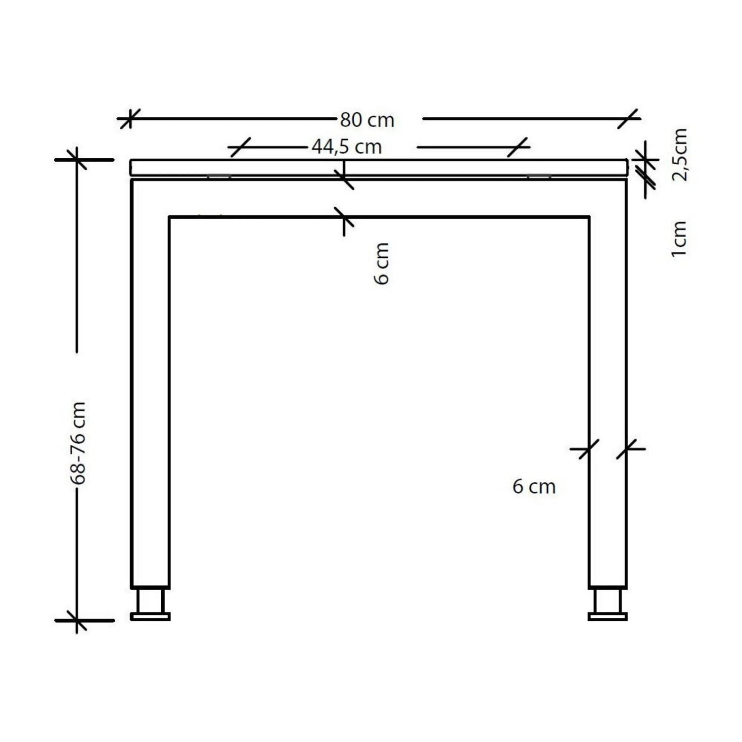 Maßzeichnung des Schreibtischs JAVA 12 S mit einer Breite von 80 cm und einer Höhe von 68-76 cm von hjh OFFICE PRO