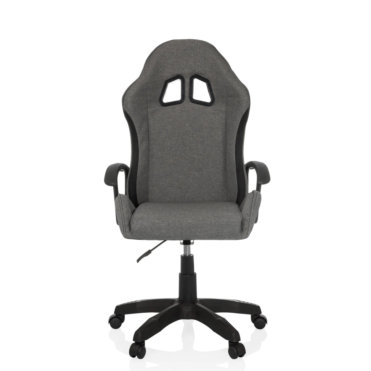 Grauer Gamingstuhl GAMEBREAKER W01 mit zwei Kopfstützenausschnitten und Fußkreuz mit fünf Rollen von MyBuero – 360-Grad-Ansicht (Frontansicht 0°)