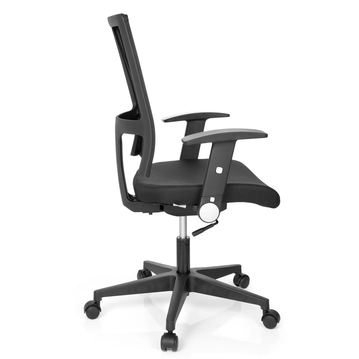 Schwarzer Homeoffice-Bürostuhl OFFICE R8 mit Netzrücken und Fußkreuz mit fünf Rollen von hjh OFFICE – 360-Grad-Ansicht (Seitenprofil 100°)