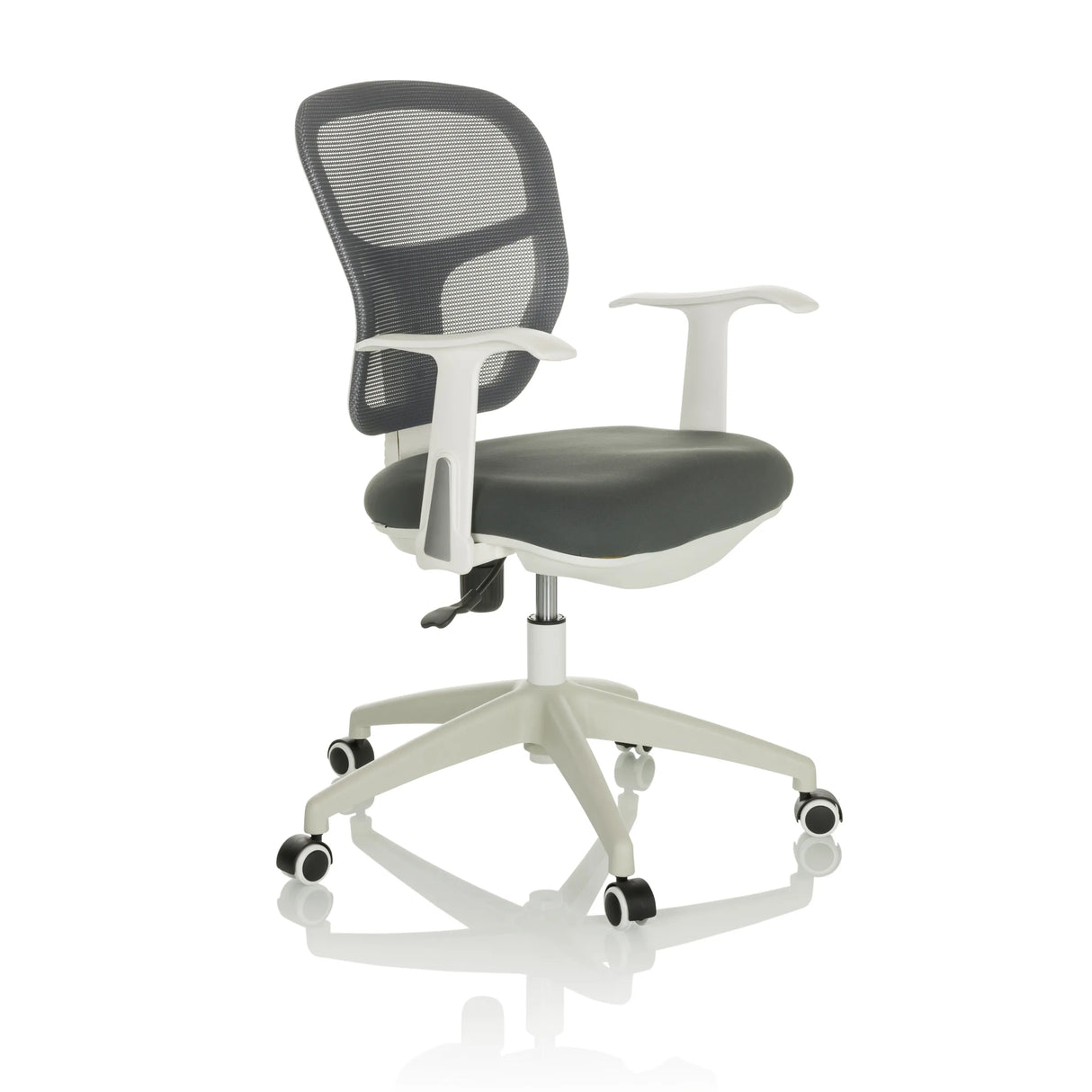 Grauer Homeoffice-Bürostuhl TOP 108 W mit Netzrücken und Fußkreuz mit fünf Rollen von hjh OFFICE – 360-Grad-Ansicht (schräge Frontansicht 45°)