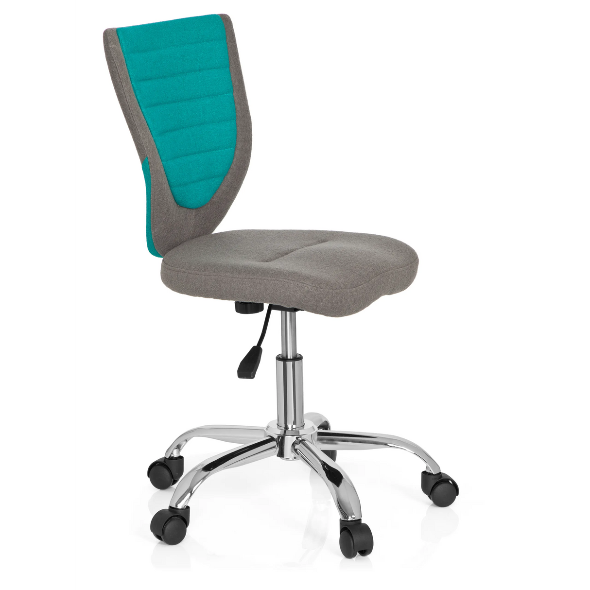 Grau-türkiser Kinderdrehstuhl KIDDY COMFORT mit Fußkreuz und fünf Rollen von hjh OFFICE – 360-Grad-Ansicht (schräge Frontansicht 60°)