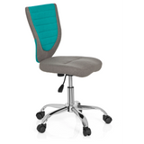 Grau-türkiser Kinderdrehstuhl KIDDY COMFORT mit Fußkreuz und fünf Rollen von hjh OFFICE – 360-Grad-Ansicht (schräge Frontansicht 60°)