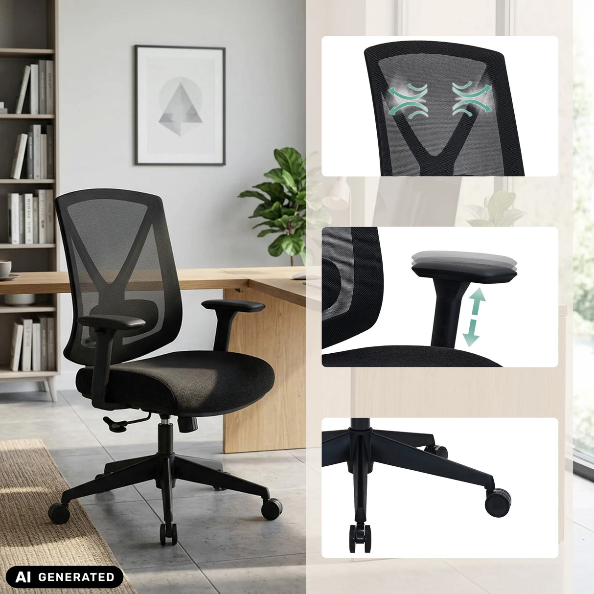 Profi-Bürostuhl Mirou in Schwarz mit Netzrücken, verstellbaren Lehnen und Fußkreuz von hjh OFFICE (KI-generiertes Bild)