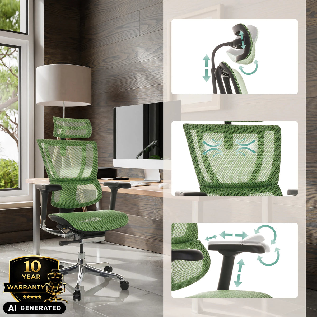 Grüner Luxus-Chefsessel ERGOHUMAN SLIM GEN2 mit verstellbaren Funktionen von hjh OFFICE (KI-generiertes Bild)