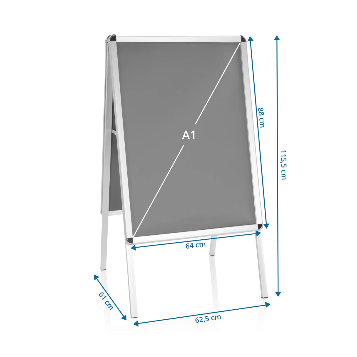 Maßzeichnung des Plakatständers AGENDA II mit einer Höhe von 115,5 cm und einer Breite von 64 cm von hjh OFFICE