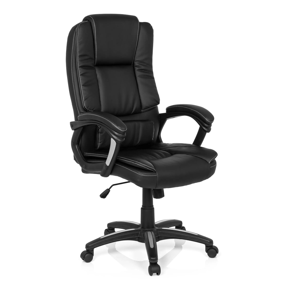 Schwarzer Homeoffice-Bürostuhl RELAX CL120 mit Polsterung und Fußkreuz mit fünf Rollen von MyBuero – 360-Grad-Ansicht (schräge Frontansicht 40°)