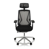 Schwarzer High-End-Bürostuhl INSPERO mit Netzrücken, Kopfstütze und Fußkreuz mit fünf Rollen von hjh OFFICE – 360-Grad-Ansicht (Frontansicht 0°)