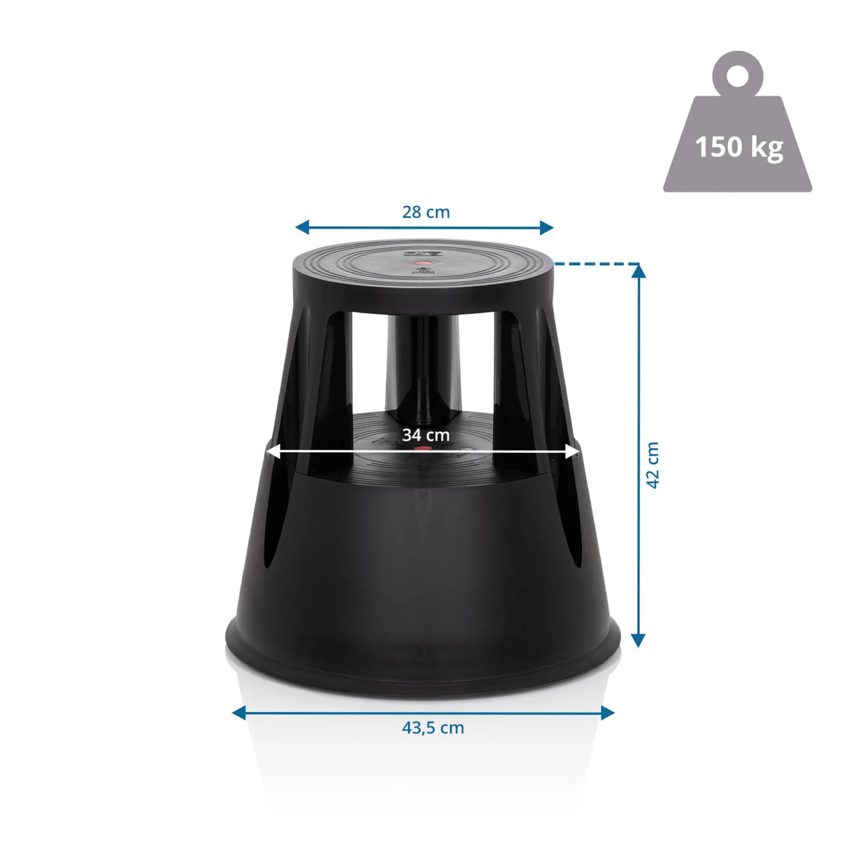 Maßzeichnung des Tritthockers TIO-M I mit einer Höhe von 42 cm und 150 kg Belastbarkeit von hjh OFFICE