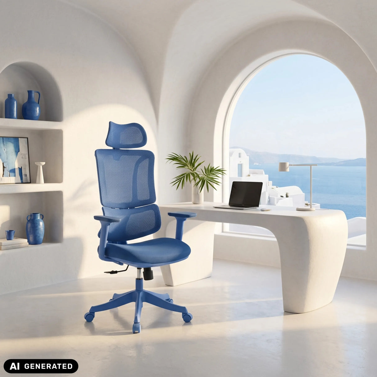Blauer Homeoffice-Bürostuhl Ergomy Colore mit Netzrücken und Kopfstütze von MyBuero (KI-generiertes Bild)