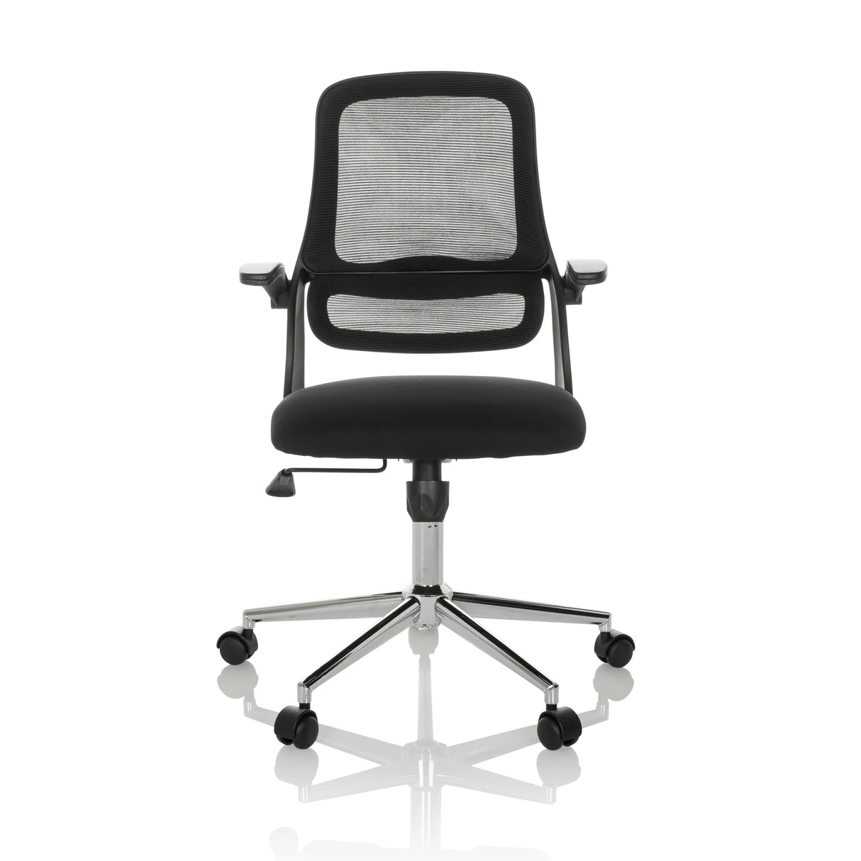 Schwarzer Homeoffice-Bürostuhl MIKO B ECO mit Netzrücken und Fußkreuz mit fünf Rollen von hjh OFFICE – 360-Grad-Ansicht (Frontansicht 0°)