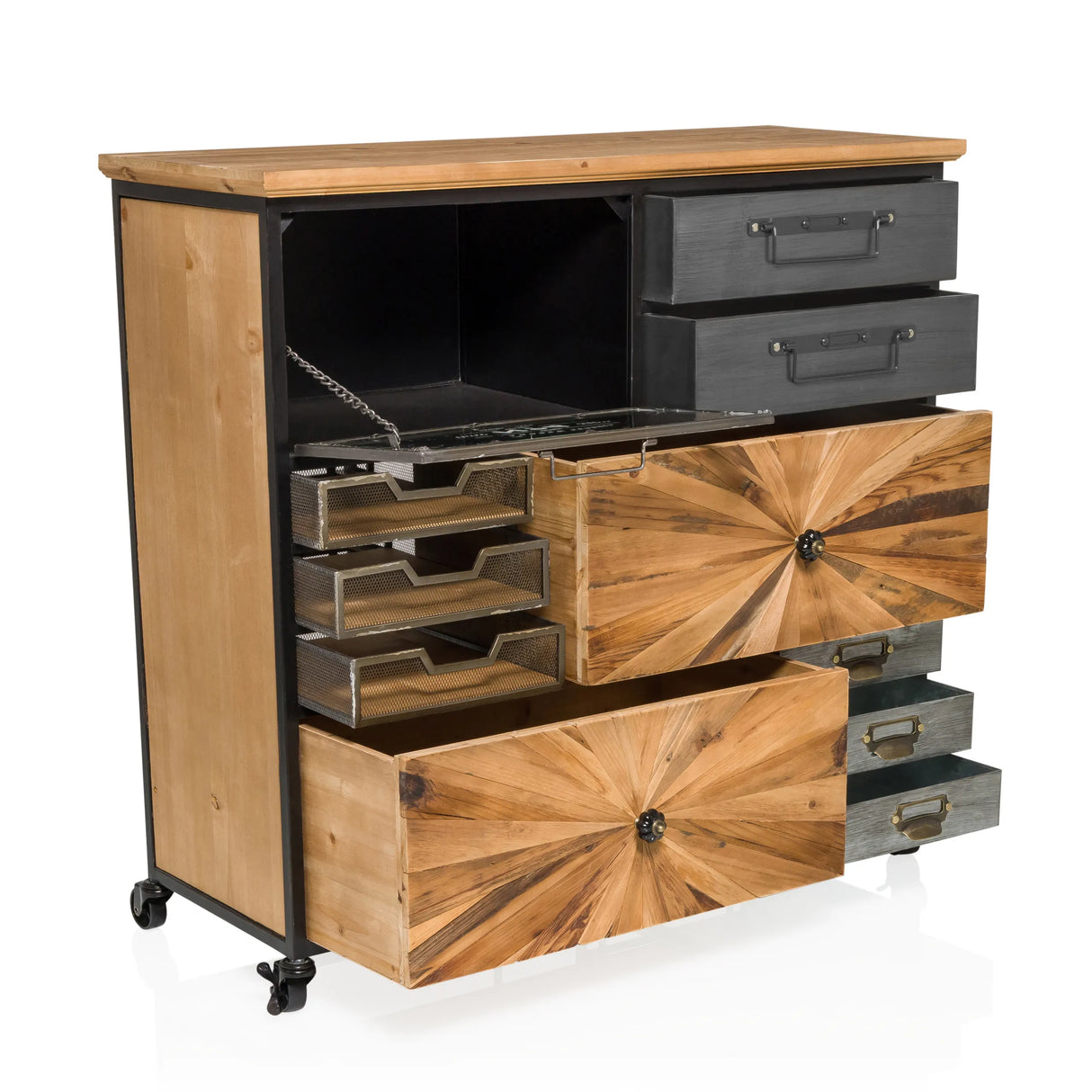 Sideboard CONTINENTO XL mit offenen Fächern, Schubladen aus Holz und Metall sowie Rollen von hjh LIVING