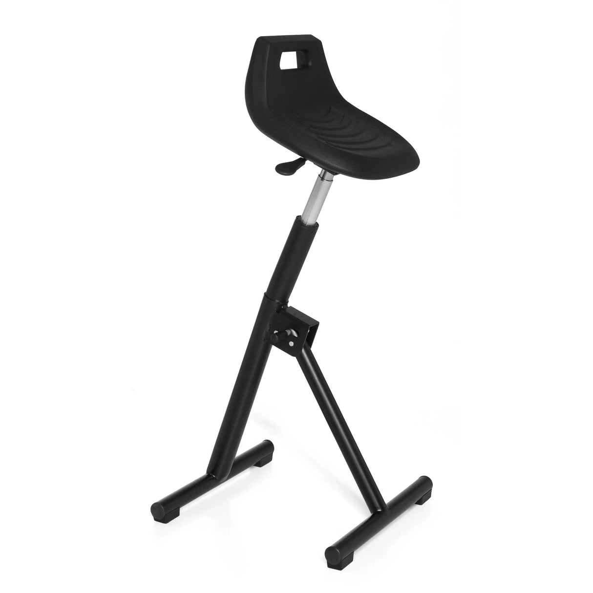 Schwarze Stehhilfe TOP WORK 31 mit Sitzschale und T-Fuß von hjh OFFICE – 360-Grad-Ansicht (schräge Frontansicht 60°)