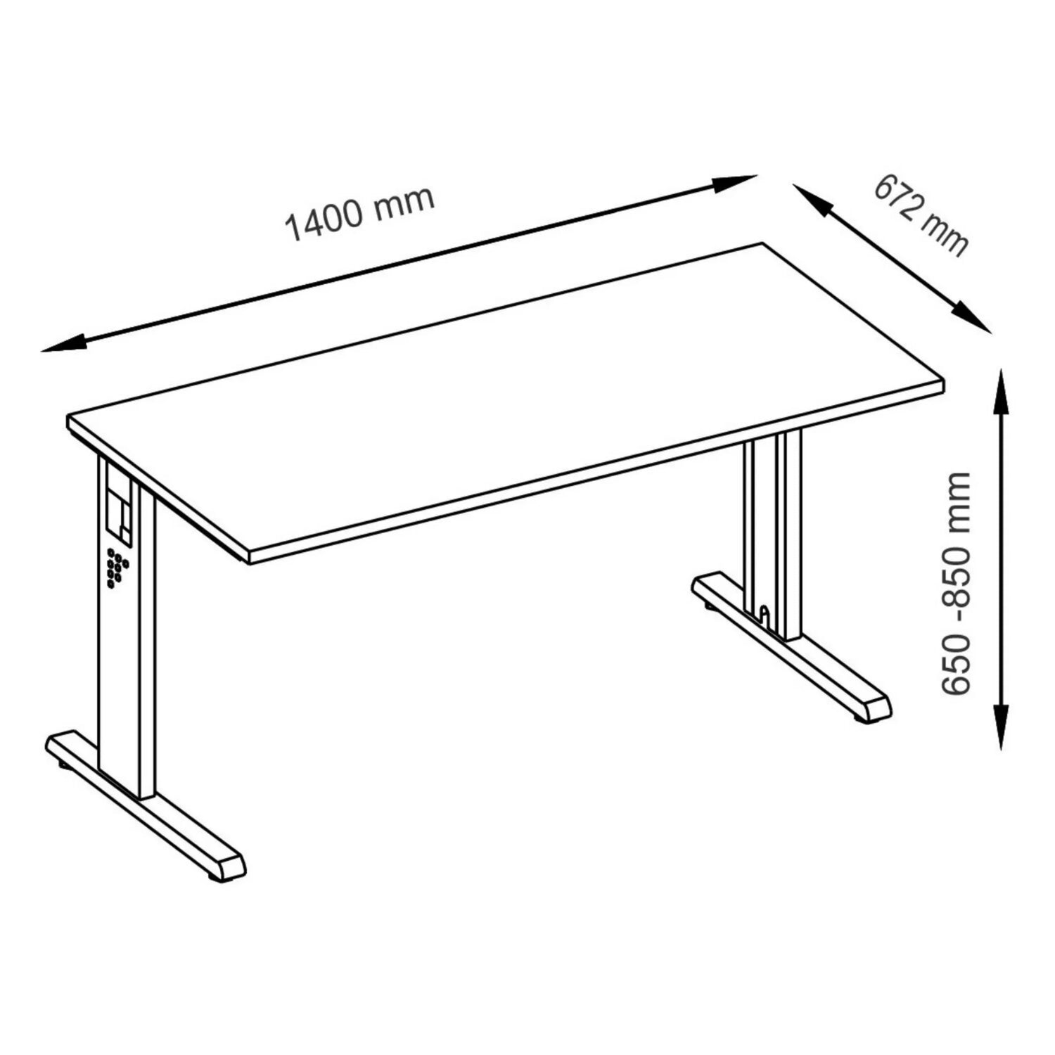 Maßzeichnung des höhenverstellbaren Schreibtisches MEGA 614 S mit den Maßen 1400 x 672 mm von hjh OFFICE PRO