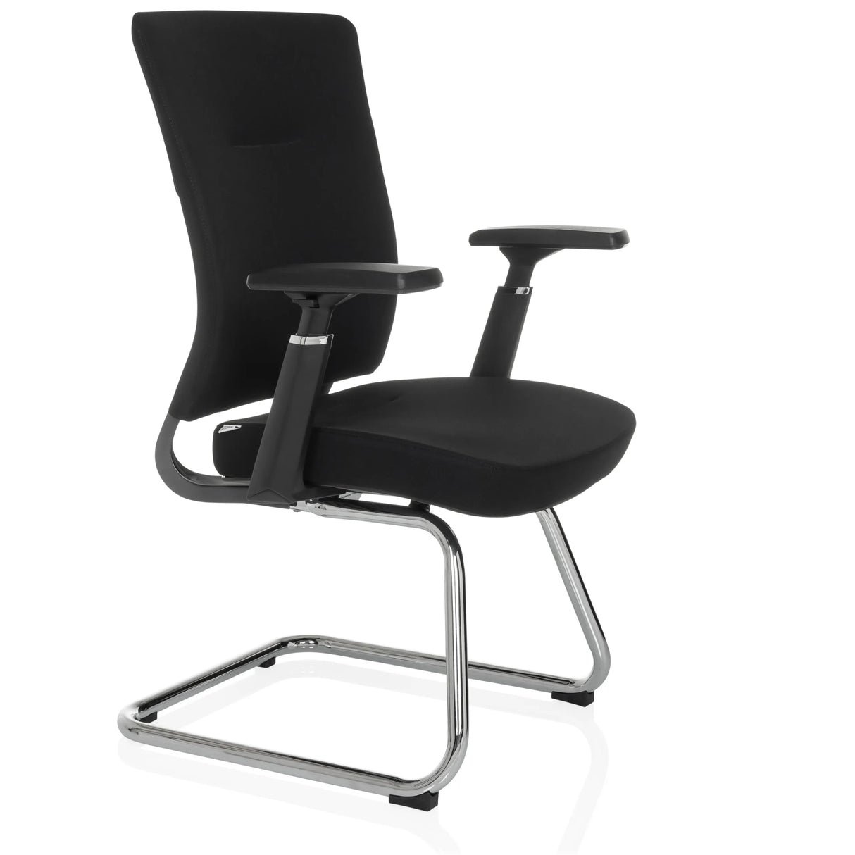 Schwarzer Freischwinger CAPTIVO PRO V mit Armlehnen und Stoffbezug von hjh OFFICE – 360-Grad-Ansicht (schräge Frontansicht 60°)